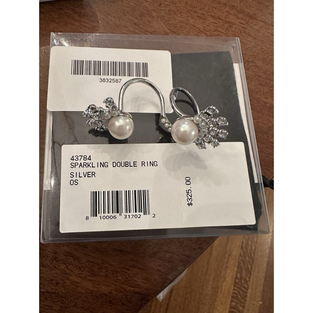 adeam Double Ring Silver with Round White Pearls and Crystals OS Cocktail Style